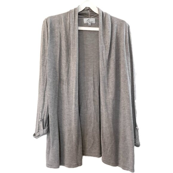 Joan Vass Cardigan  Size S Open Front Light Grey Knit Sweater Roll-tab Sleeves - Picture 1 of 14